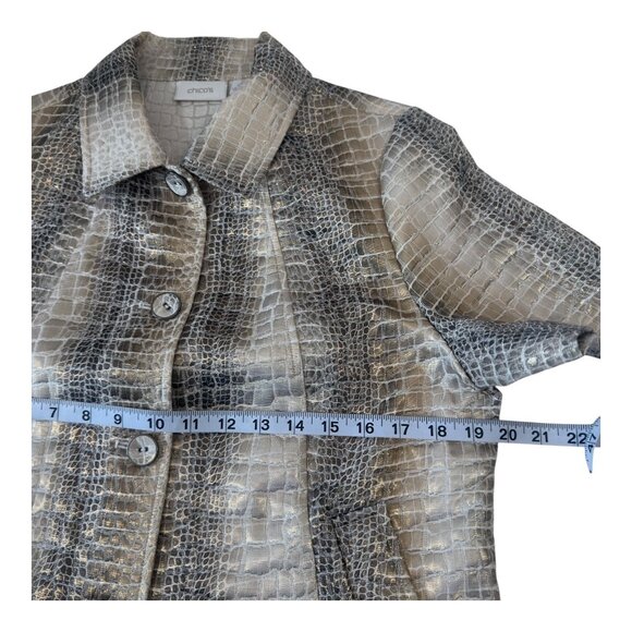 Chicos Women Metallic Croc Short Sleeve Button-Up Jacket SZ 2 US L Gold-Silver - Picture 5 of 12